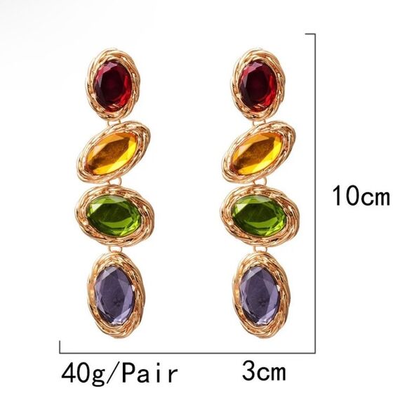 Colorful Rhinestone Long Drop Earrings Statement - Picture 5 of 5